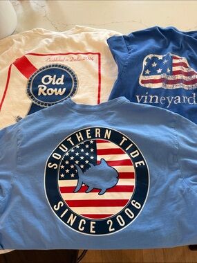 Southern Tide Boys Light Blue Tee with American Flag Fish Logo